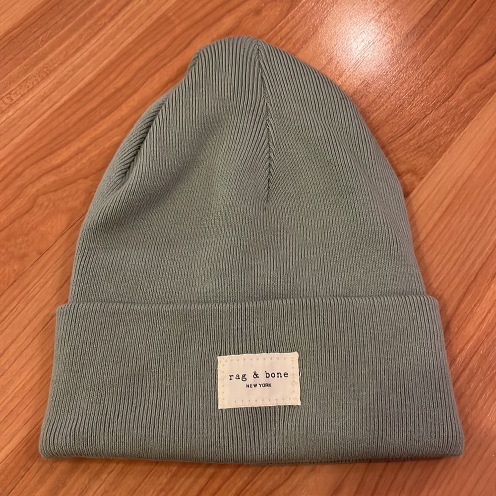 New Rag & Bone Addison cotton beanie. Colour is sage (green-blue).